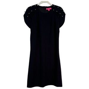 Betsey Johnson Black Sheath Dress Size 4 Faux Tahitian Pearl Fully Lined Crepe